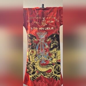 Christian Audigier Red Graphic Rhinestone Tee Y2K Ed Hardy Style Shirt, Medium